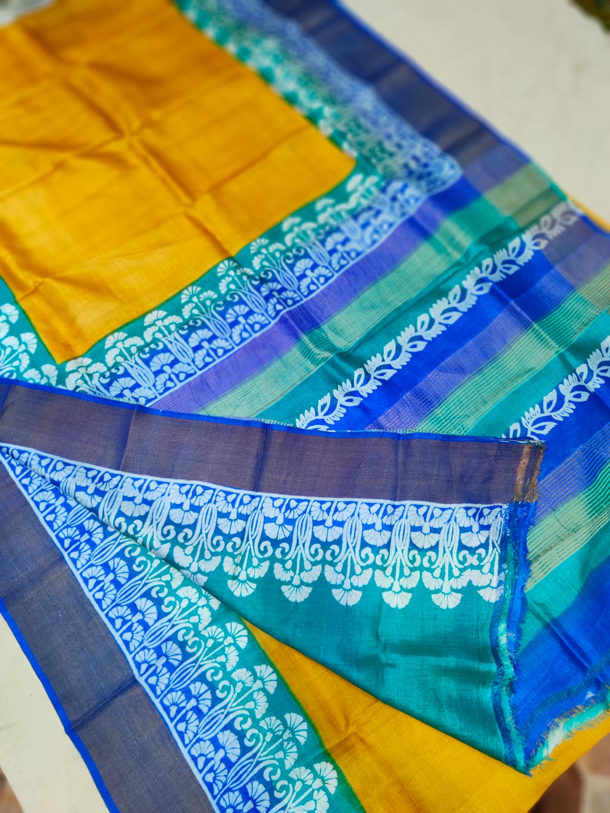 Madhubani Hand printed Tussar pure silk saree silk mark certified