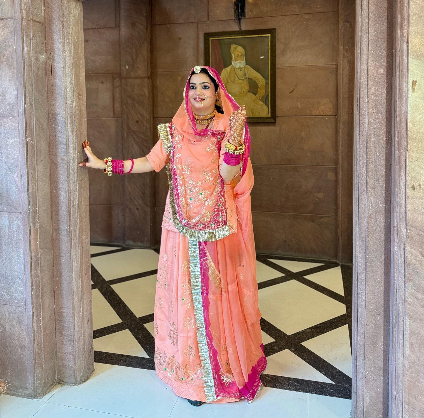 Elegant Partywear Rajputi Poshak | Upada Fabric, Kasab, Kundan & Resham Handwork