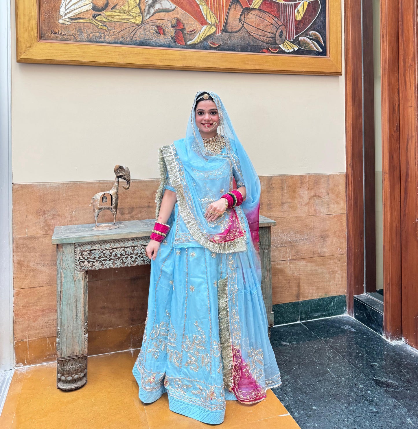 Natural fabric Elegant sky clour Zardoji handwork Rajasthani poshak