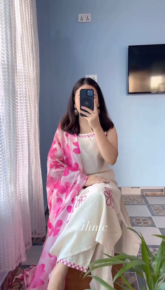 Elegant Sleeveless cotton handembroidery Beautiful Kurti pent Duppta set SIZE-S To 2XL (36to 44)*