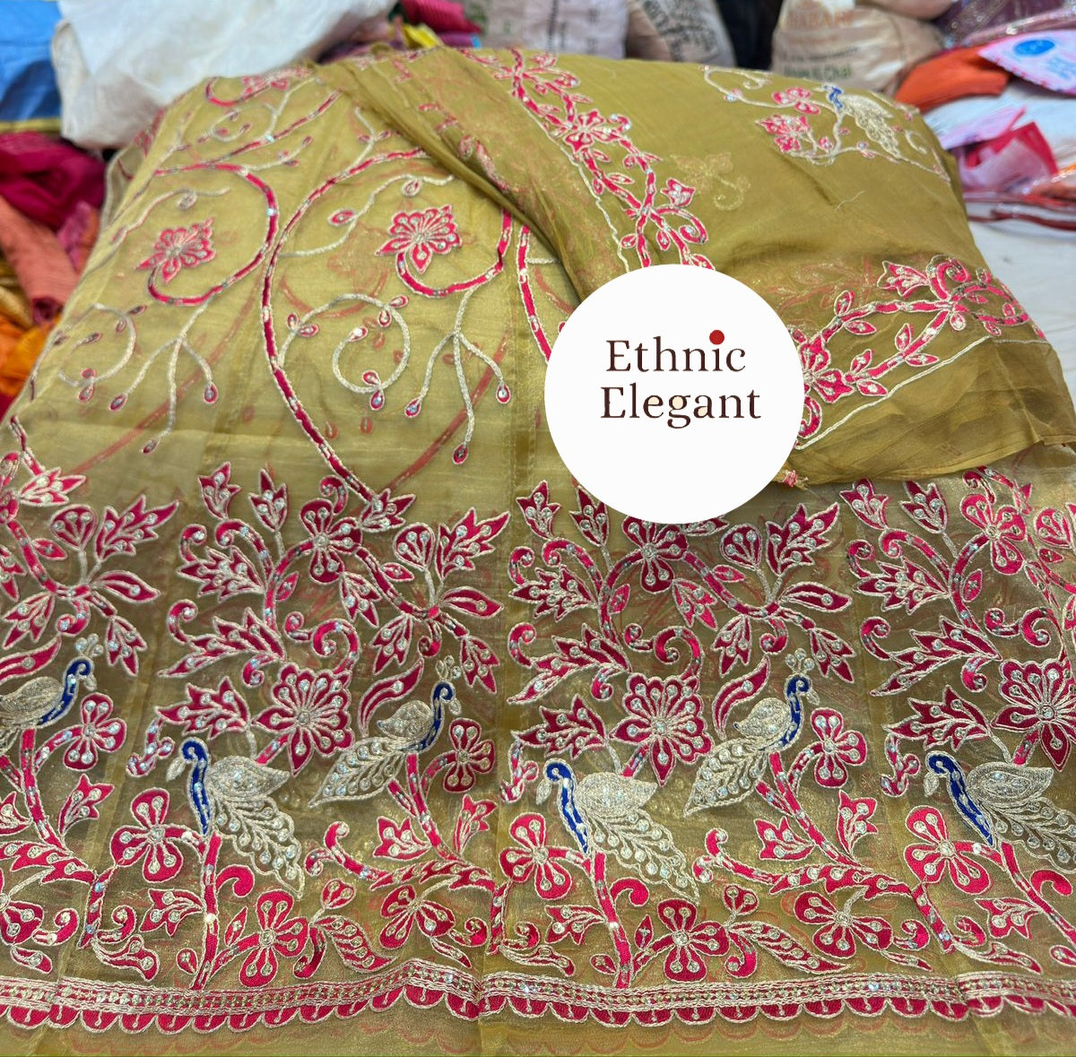 Tissue silk fabric thakurji pure odhna beautiful Peacock patch hand work poshak*