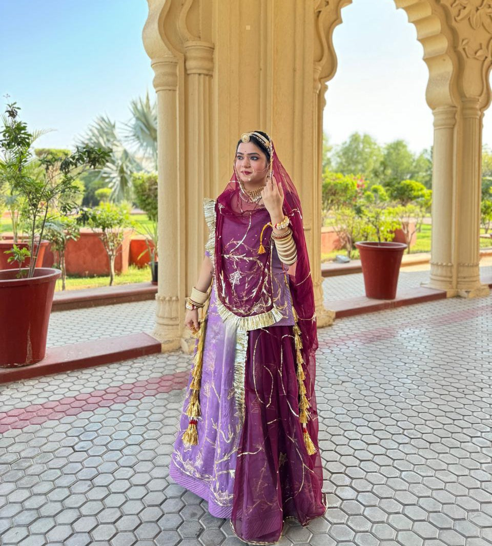 Humrahi Pure Odhani with Jari–Aari–Tari Handwork | Elegant Rajasthani Partywear Poshak