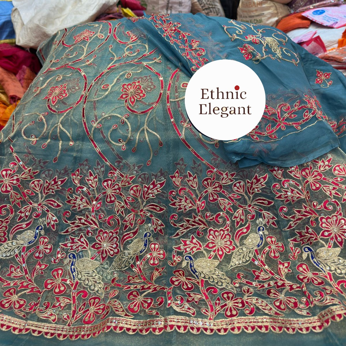 Tissue silk fabric thakurji pure odhna beautiful Peacock patch hand work poshak*