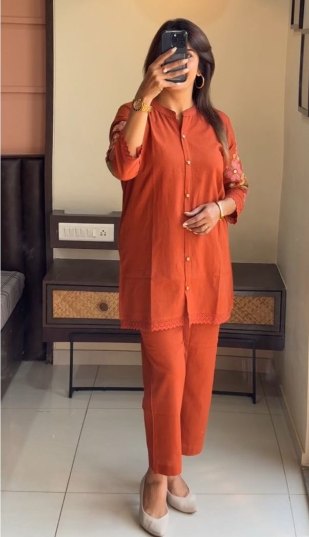 Orange cotton embroidery collar nack co-ord set  Size - 38 40 42 44