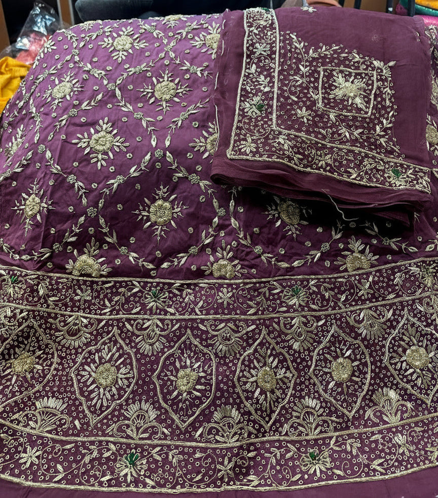 Elegant Bridal Poshak: Heavy Bember Satin, Pure Thakurji Odhna | Jardoji, Dabka & Aari Handwork