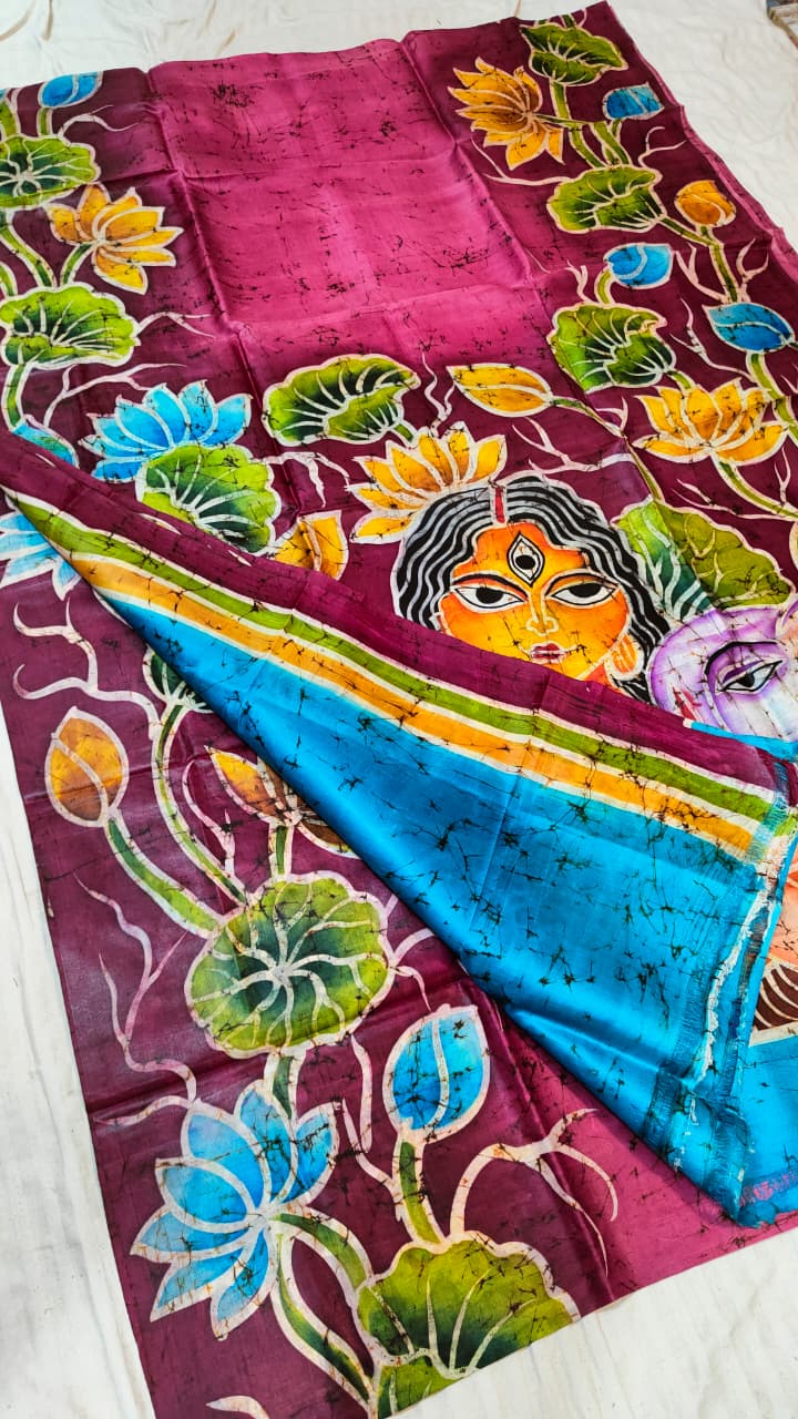 Bishnupuri  handprinted Batik pure silk saree