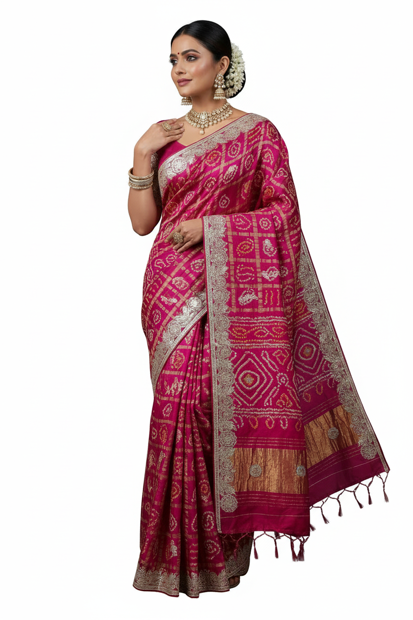 Pure modal gajji silk Bhandhej saree with Hevy hand zero Gotta patti work elegant saree