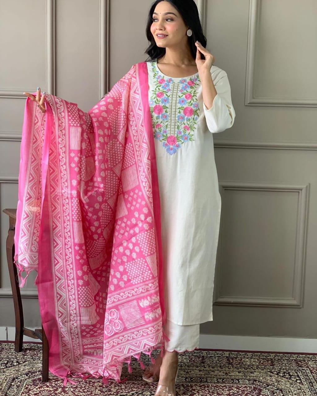Embroidery suit and khadi silk dupata set Size:-38,40,42,44,46
