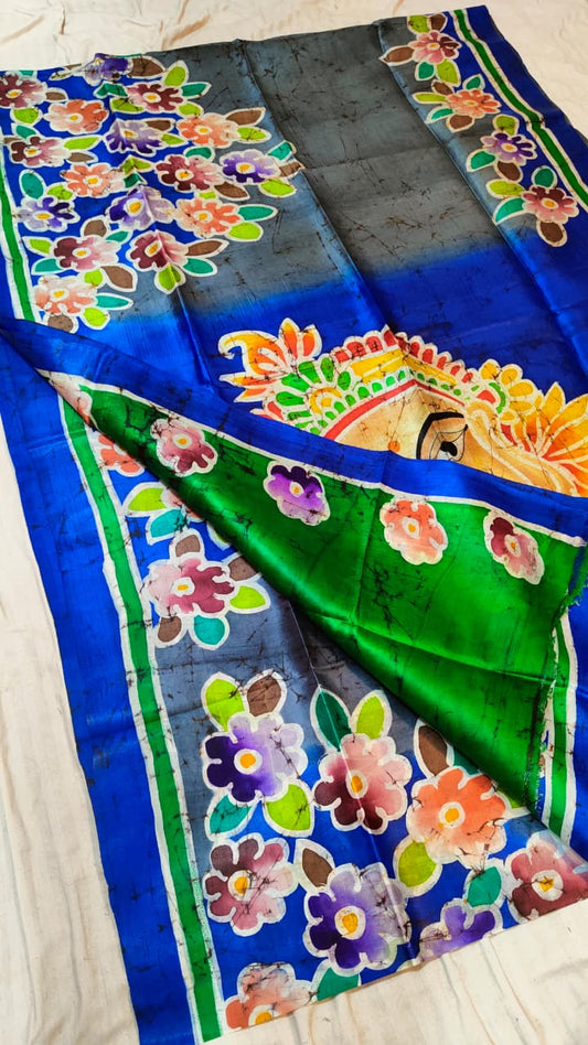 Bishnupuri  handprinted Batik pure silk saree