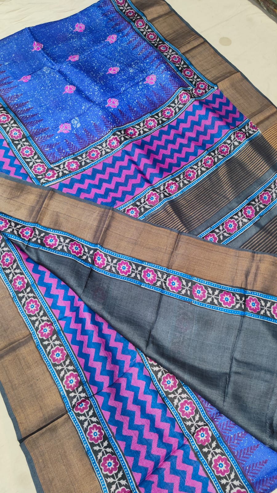 Madhubani Hand printed Tussar pure silk saree silk mark certified
