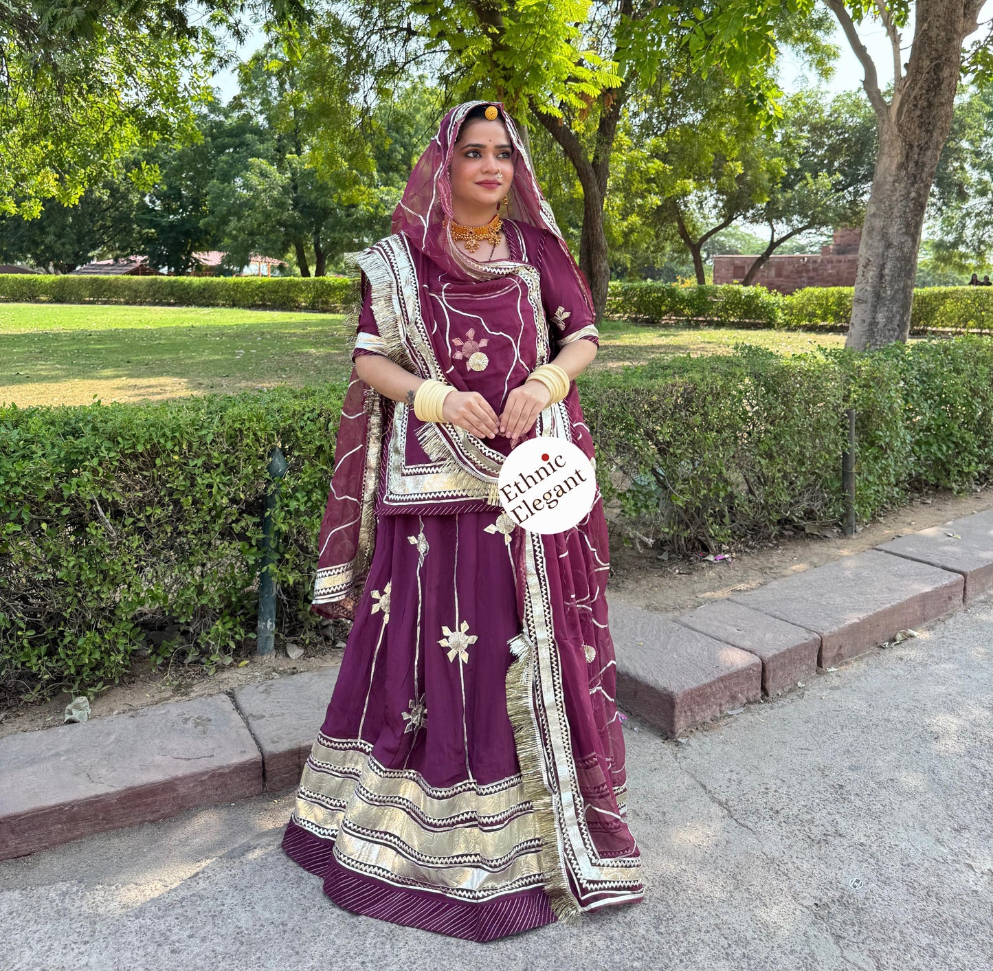 Natural Crape Wine Color Poshak | Heavy Gotta Patti Handwork & Pure Odhana | Party Wear