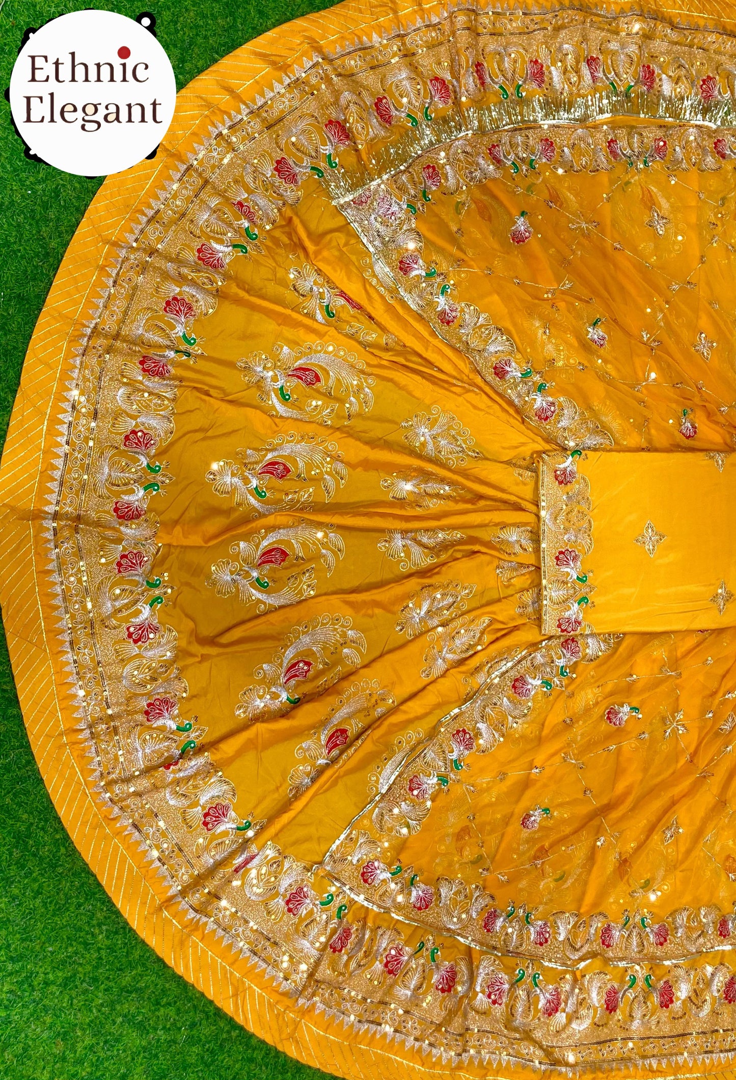 Designer 4 Meter Gher Crepe Silk Rajputi Poshak | Pure Odhni with Vintage Barik Handwork