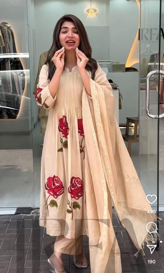 Elegant premium cotton embroidery work floral design kurti pant dupatta set Size-38.40.42.44 46