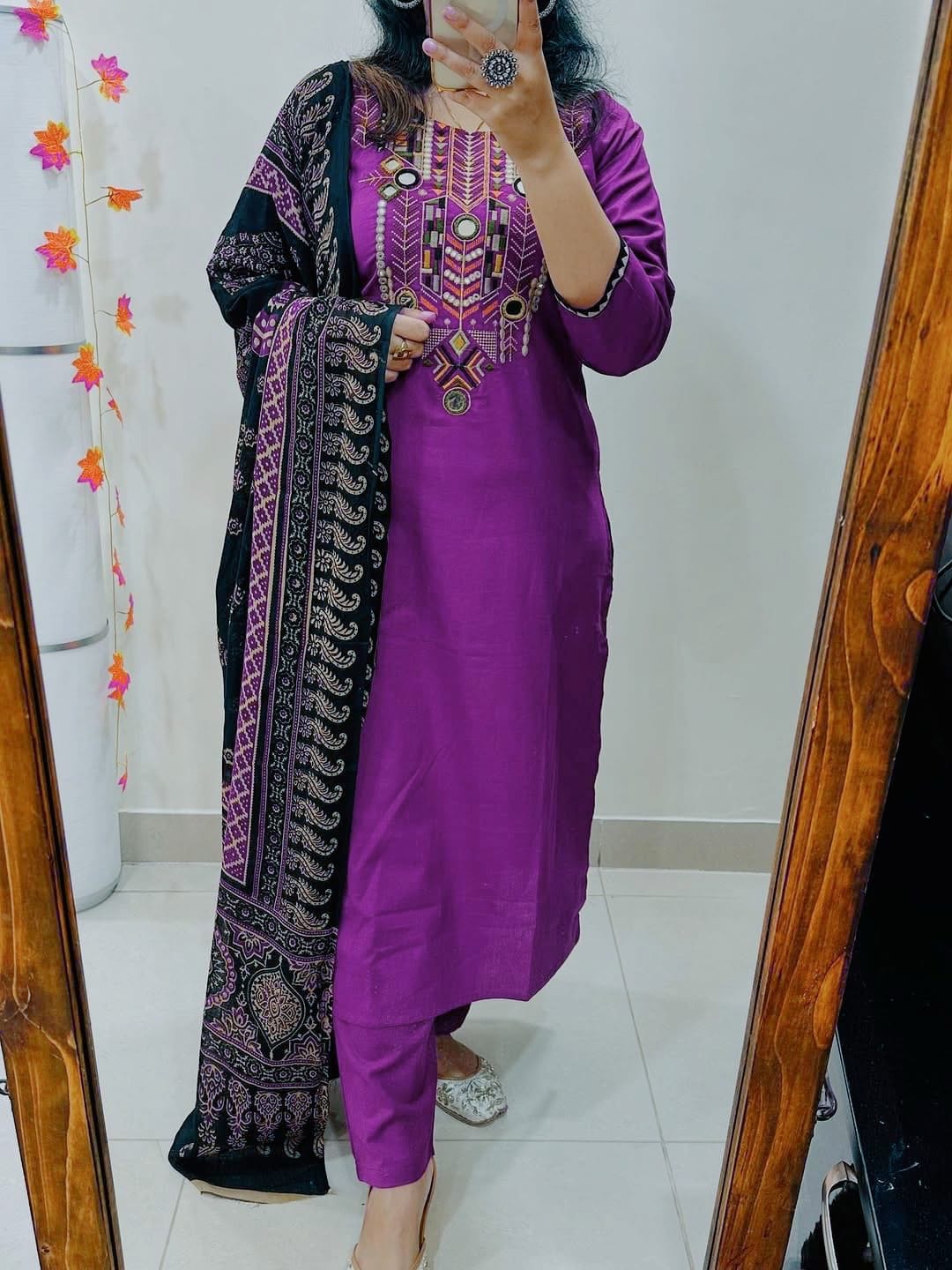 Beautiful Embroidery 3pcs pure cotton kurti set Size: *M/38, L/40, XL/42, XXL/44,XXXl/46*