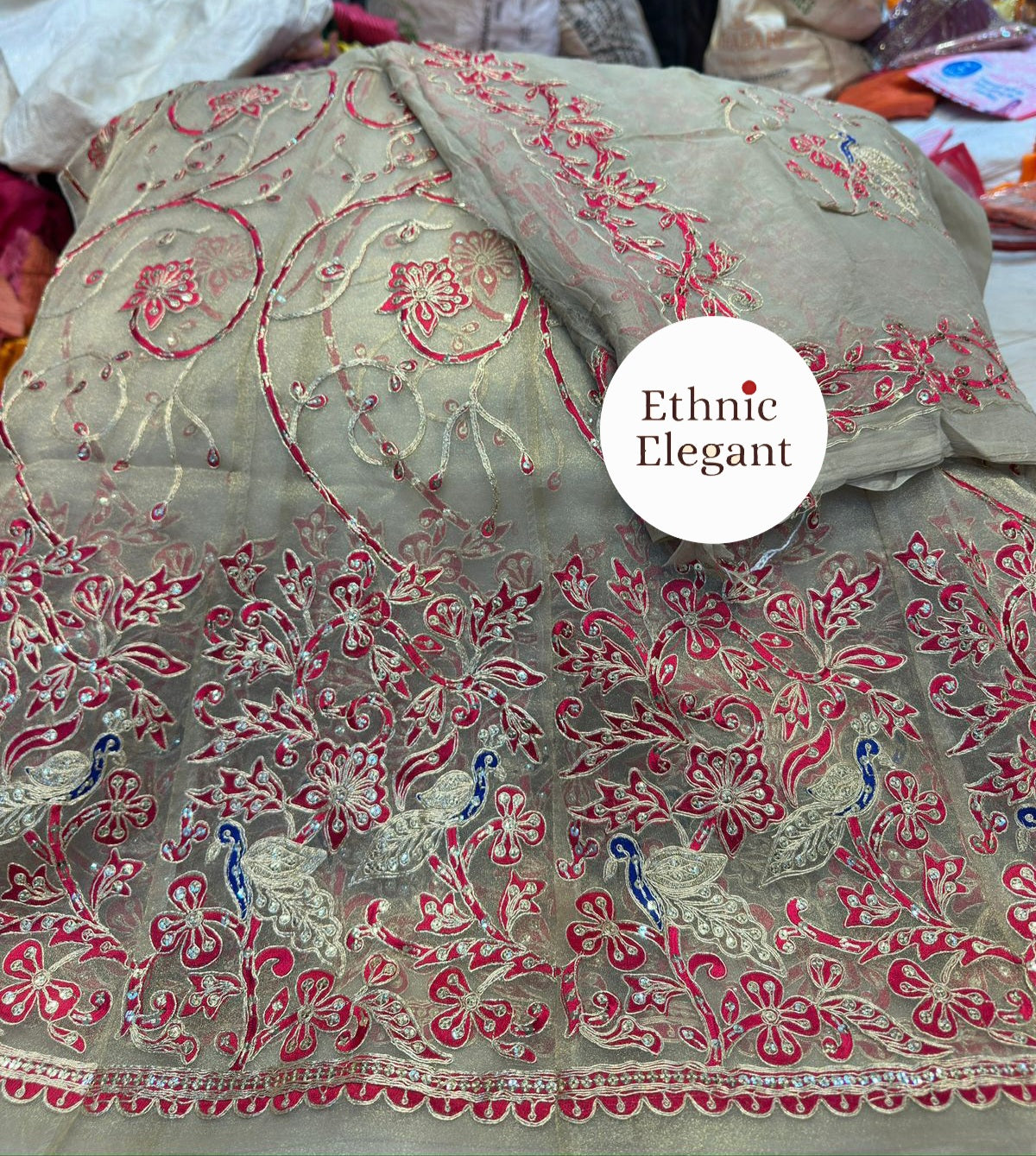 Tissue silk fabric thakurji pure odhna beautiful Peacock patch hand work poshak*