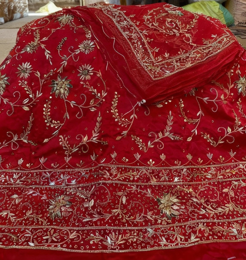 Bridal Bember Satin Poshak with Pure Thakurji Odhna | Heavy Jardoji & Dabka Handwork