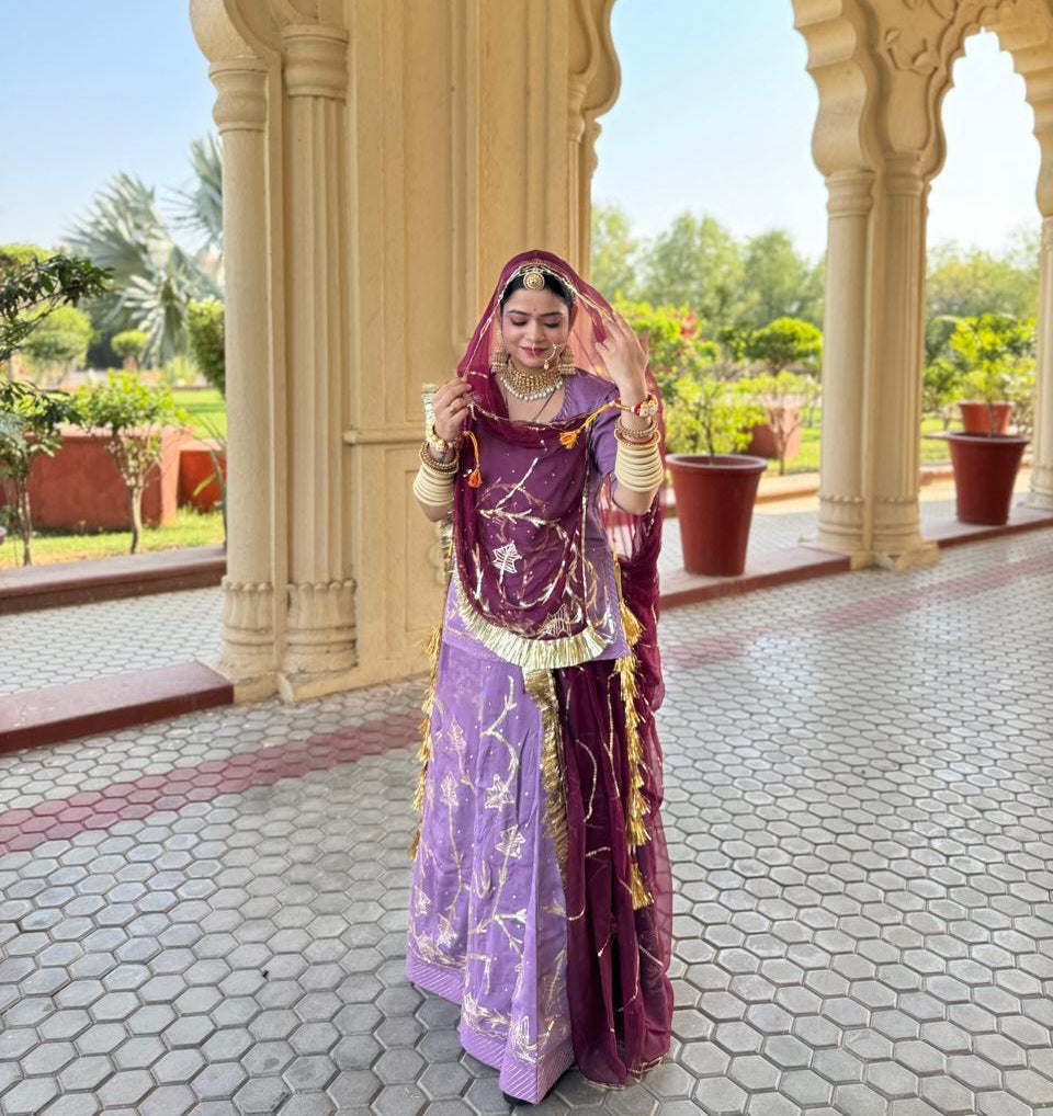 Humrahi Pure Odhani with Jari–Aari–Tari Handwork | Elegant Rajasthani Partywear Poshak