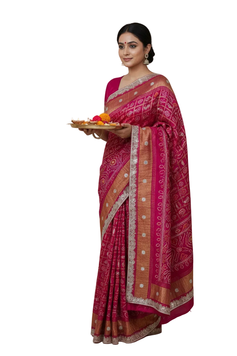 Pure modal gajji silk Bhandhej saree with Hevy hand zero Gotta patti work elegant saree