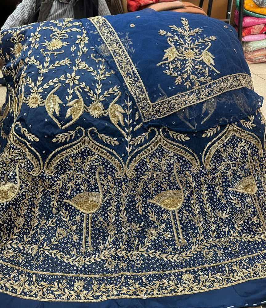 Elegant Bridal Poshak: Heavy Bember Satin, Pure Thakurji Odhna | Jardoji, Dabka & Aari Handwork