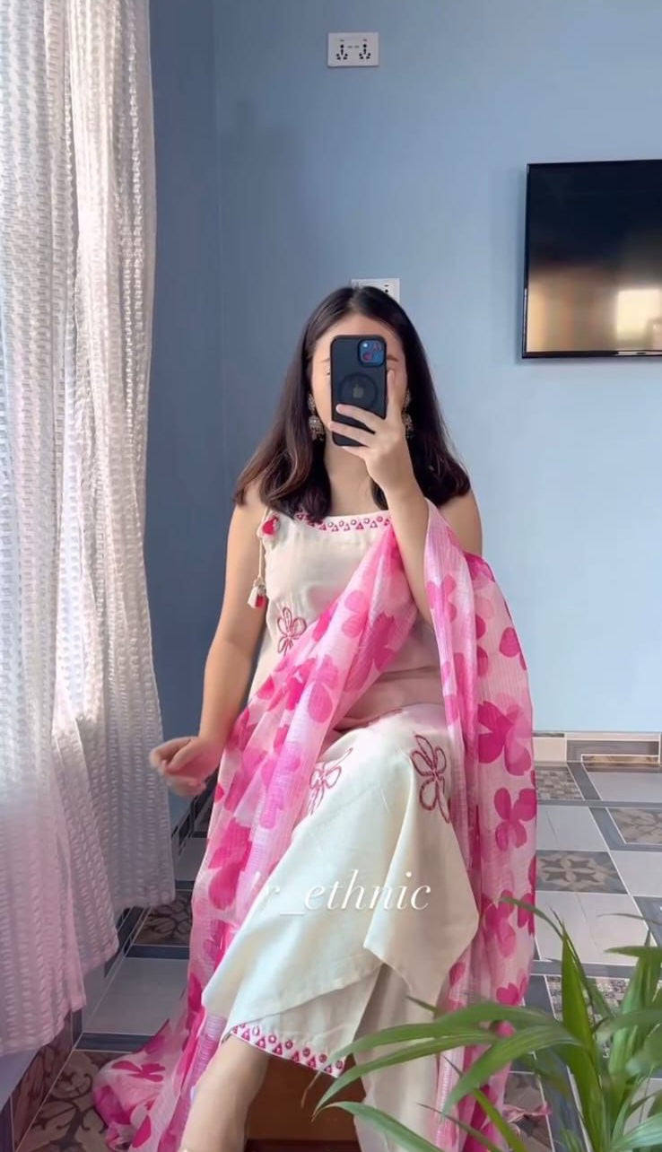 Elegant Sleeveless cotton handembroidery Beautiful Kurti pent Duppta set SIZE-S To 2XL (36to 44)*