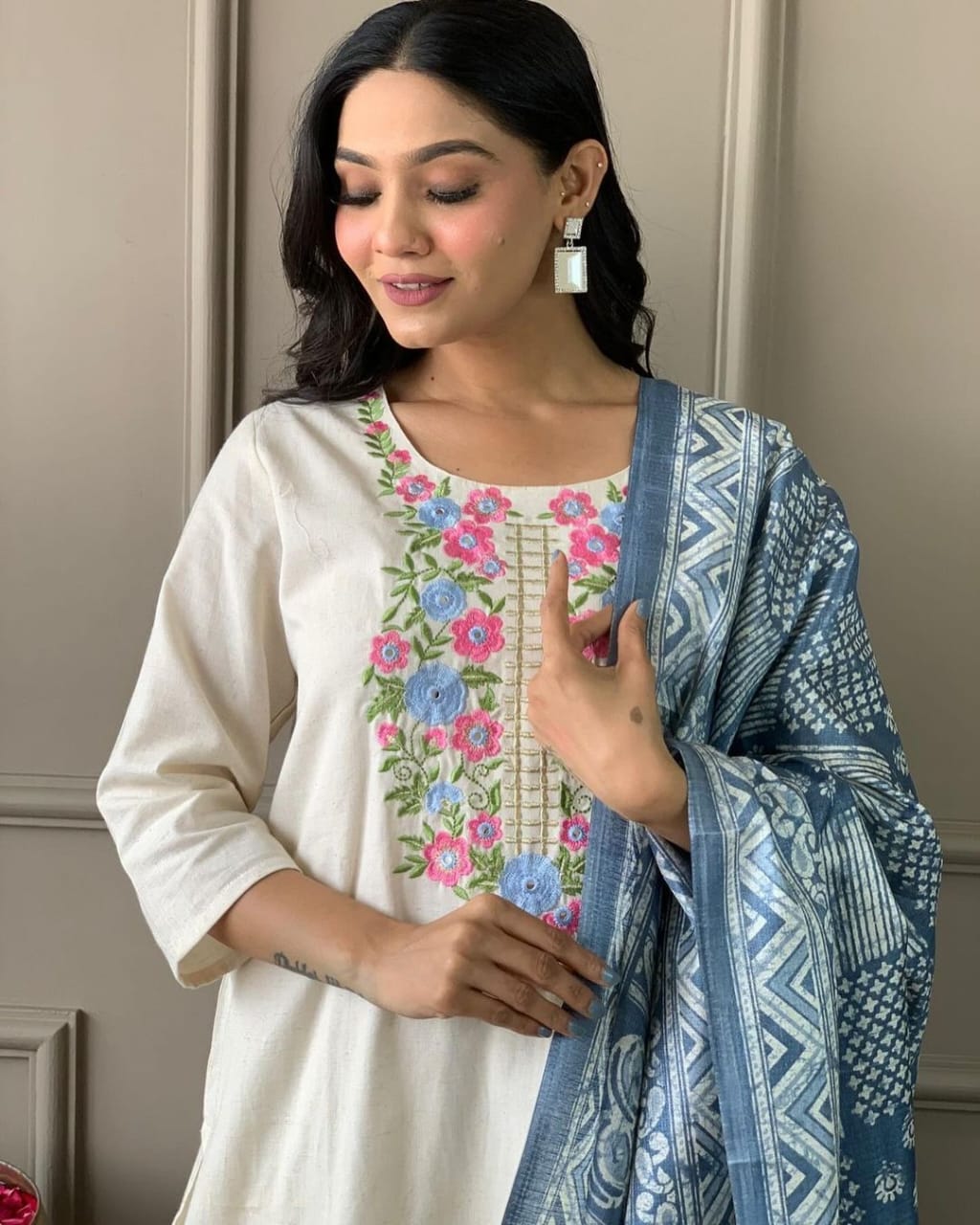 Embroidery suit and khadi silk dupata set Size:-38,40,42,44,46