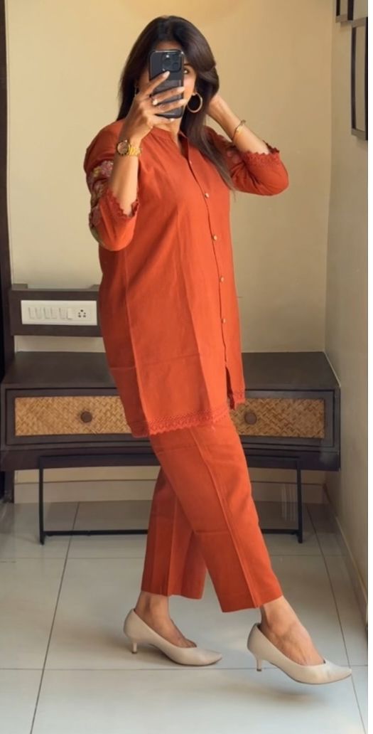 Orange cotton embroidery collar nack co-ord set  Size - 38 40 42 44