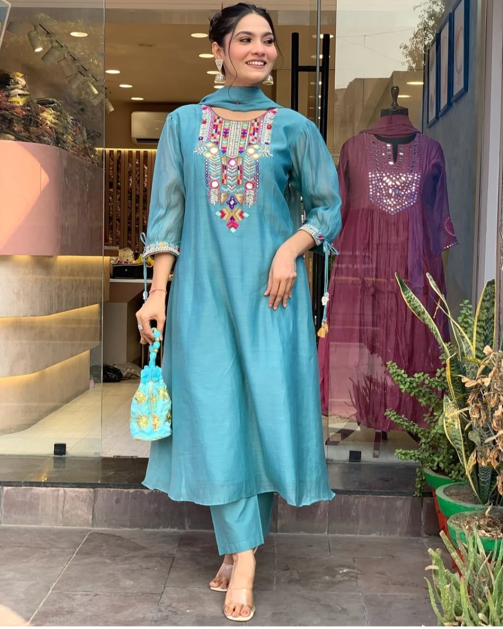 Elegant Chanderi suit with cotton pant naazmin dupatta  Size:-M/38,L/40,XL/42,XXL/44, XXXL/46*