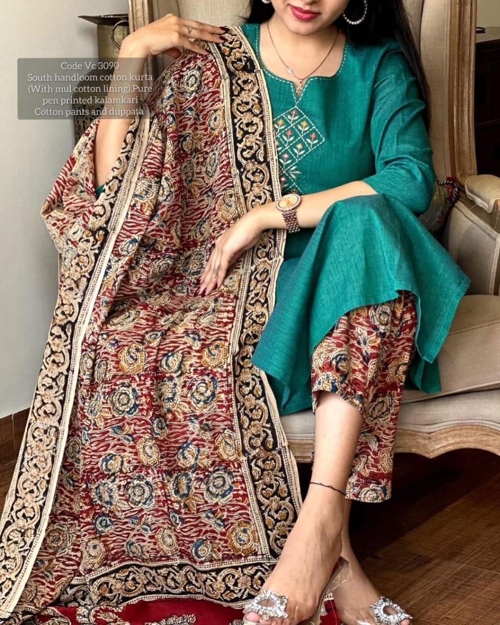 Hand made printed pure kalamkari handloom fabric Kurti set  Size 38 40 42 44 46