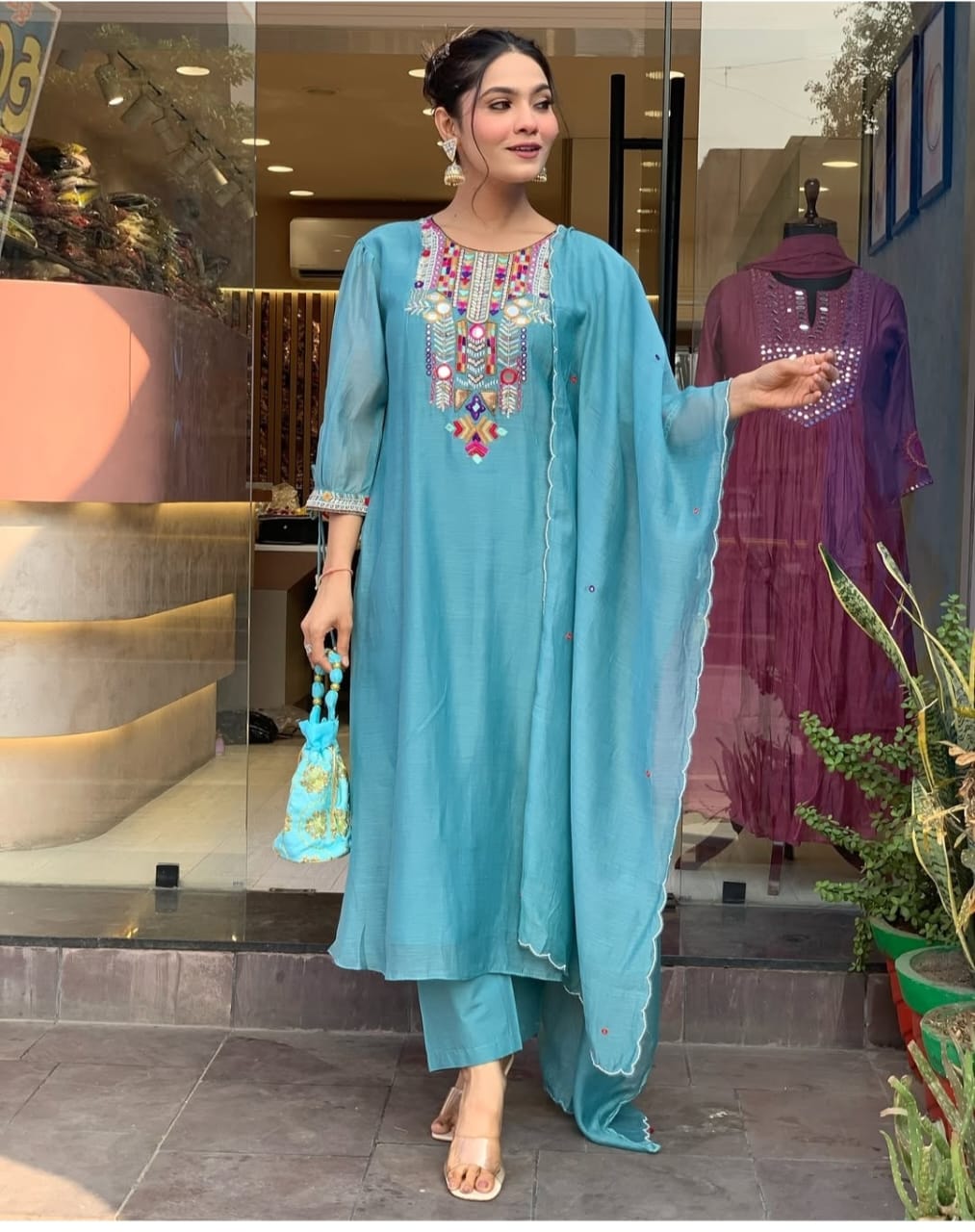 Elegant Chanderi suit with cotton pant naazmin dupatta  Size:-M/38,L/40,XL/42,XXL/44, XXXL/46*