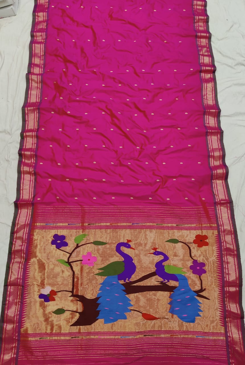 Golden & Silver Jari Yeola Handloom Paithani – Pure Silk Grandeur