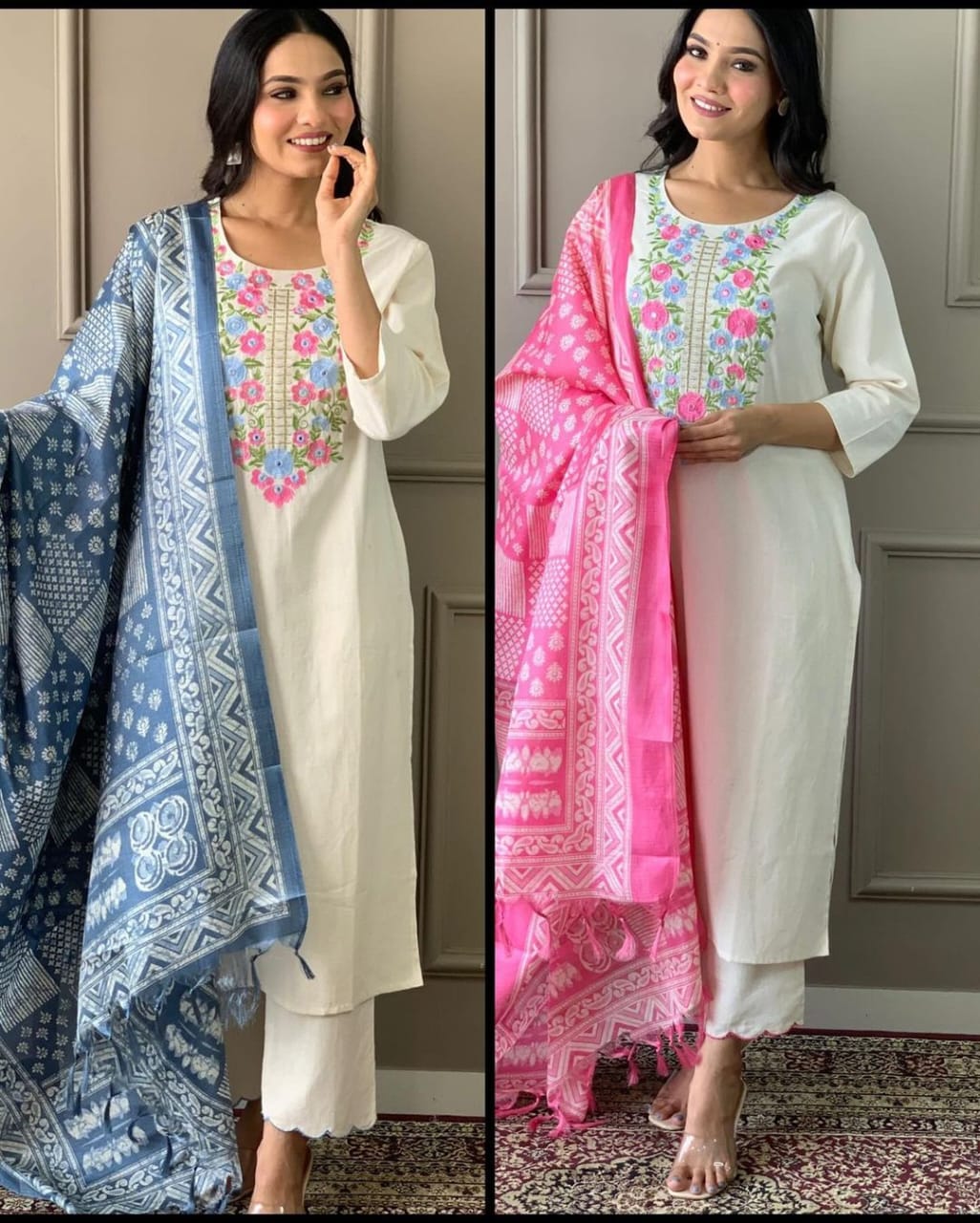 Embroidery suit and khadi silk dupata set Size:-38,40,42,44,46
