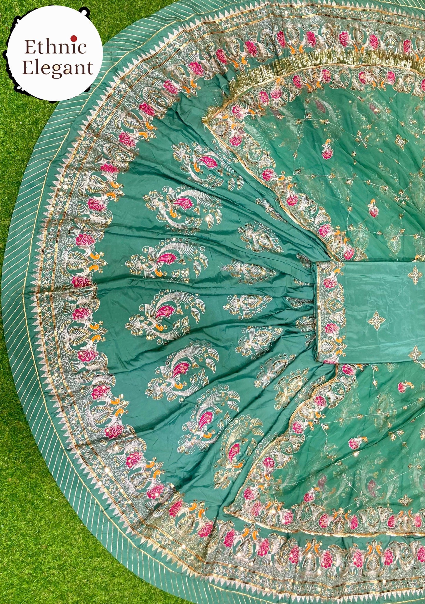 Designer 4 Meter Gher Crepe Silk Rajputi Poshak | Pure Odhni with Vintage Barik Handwork