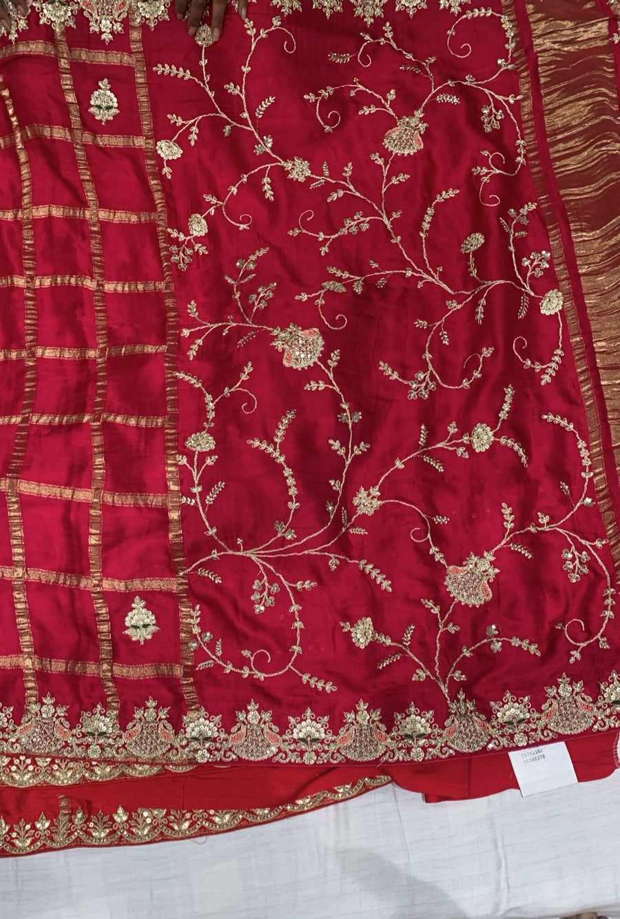 Bridal Pure Ghatchola Silk Saree – Calcutta elegant Hand Embroidery in Red Pink
