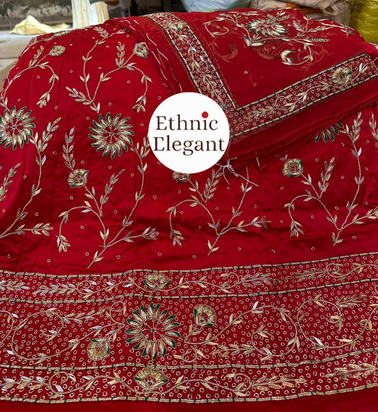 Bridal Bember Satin Poshak with Pure Thakurji Odhna | Heavy Jardoji & Dabka Handwork