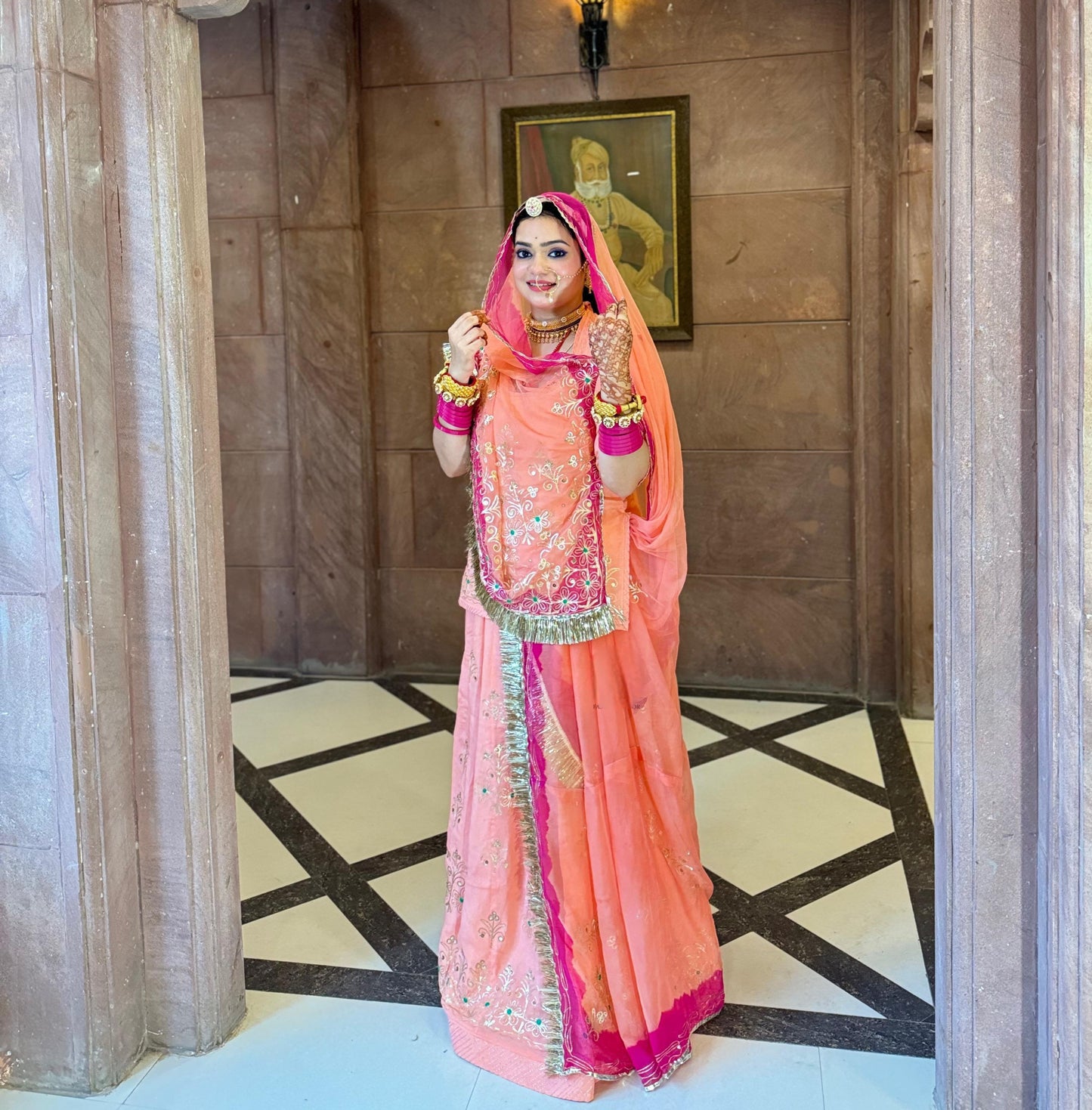 Elegant Partywear Rajputi Poshak | Upada Fabric, Kasab, Kundan & Resham Handwork