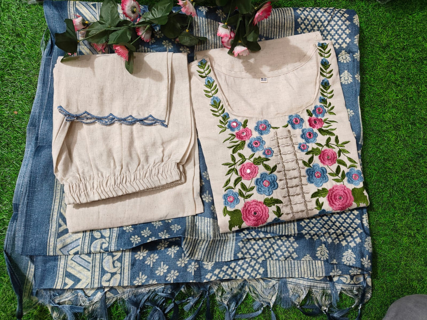 Embroidery suit and khadi silk dupata set Size:-38,40,42,44,46
