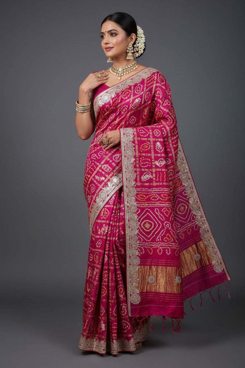 Pure modal gajji silk Bhandhej saree with Hevy hand zero Gotta patti work elegant saree