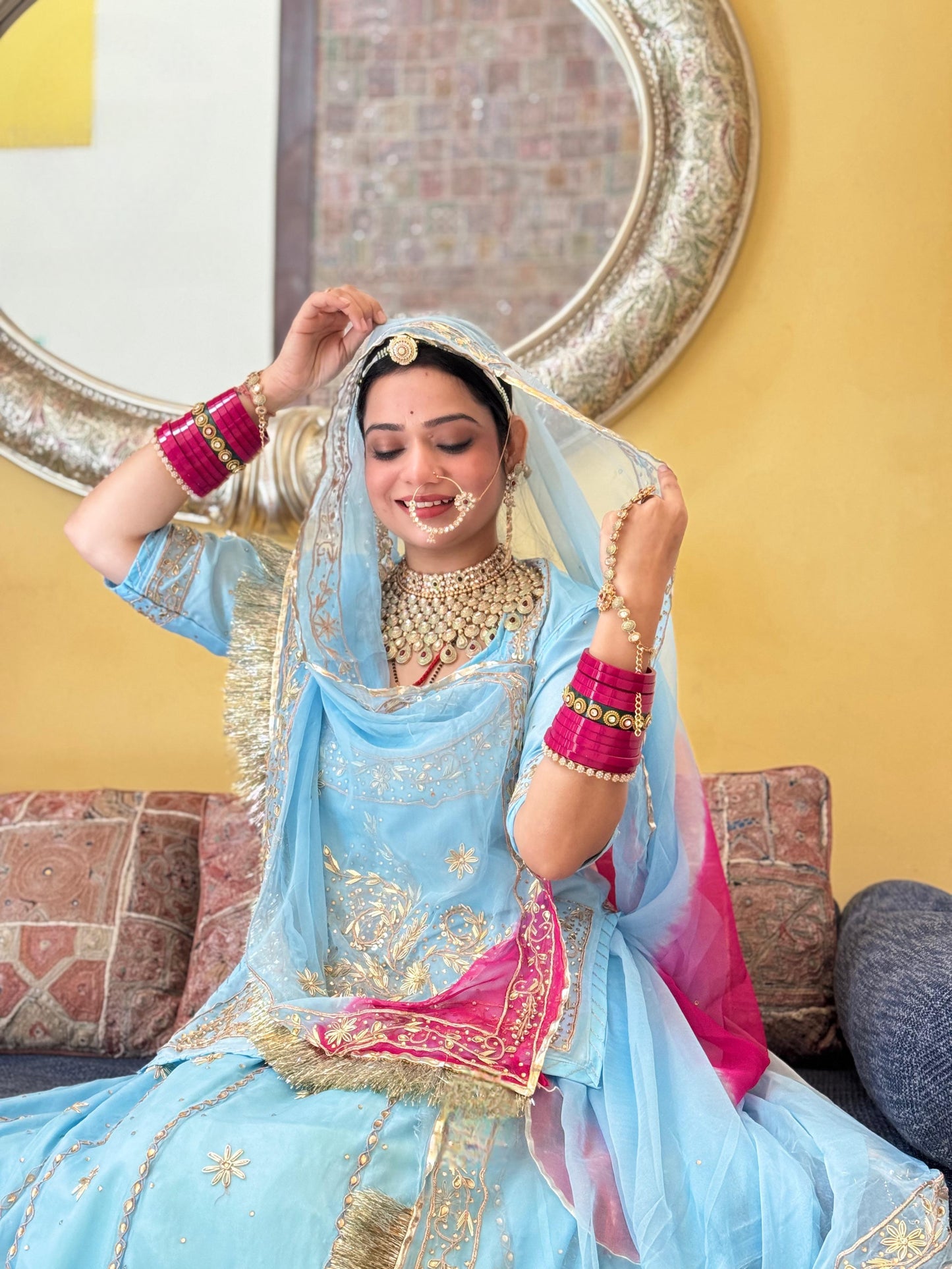 Natural fabric Elegant sky clour Zardoji handwork Rajasthani poshak