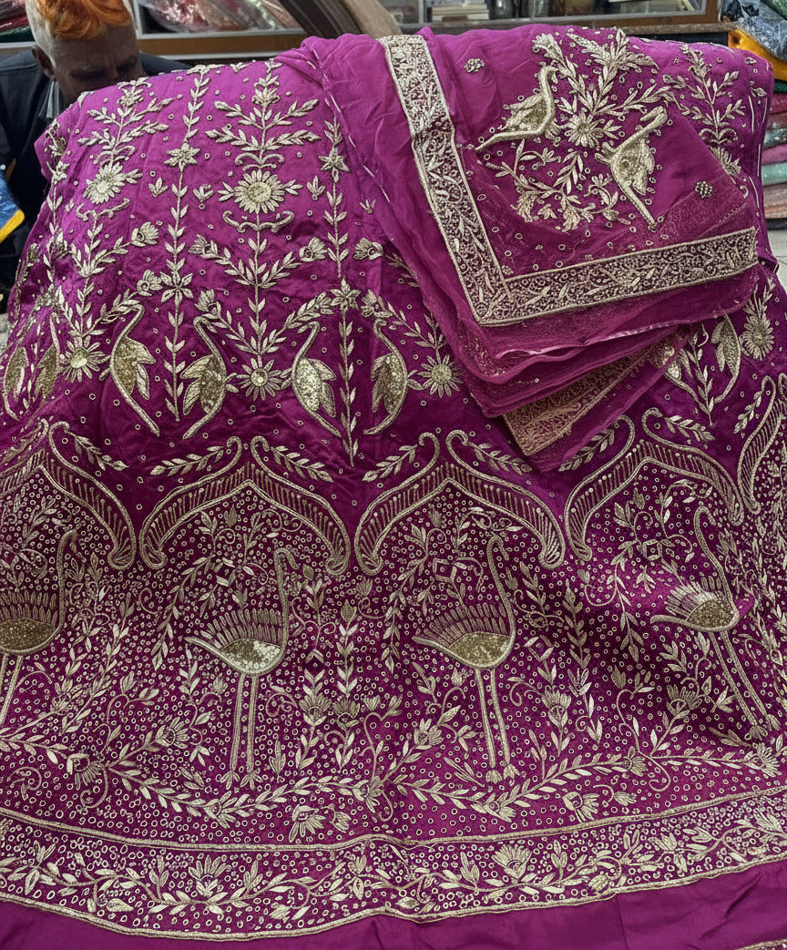 Elegant Bridal Poshak: Heavy Bember Satin, Pure Thakurji Odhna | Jardoji, Dabka & Aari Handwork