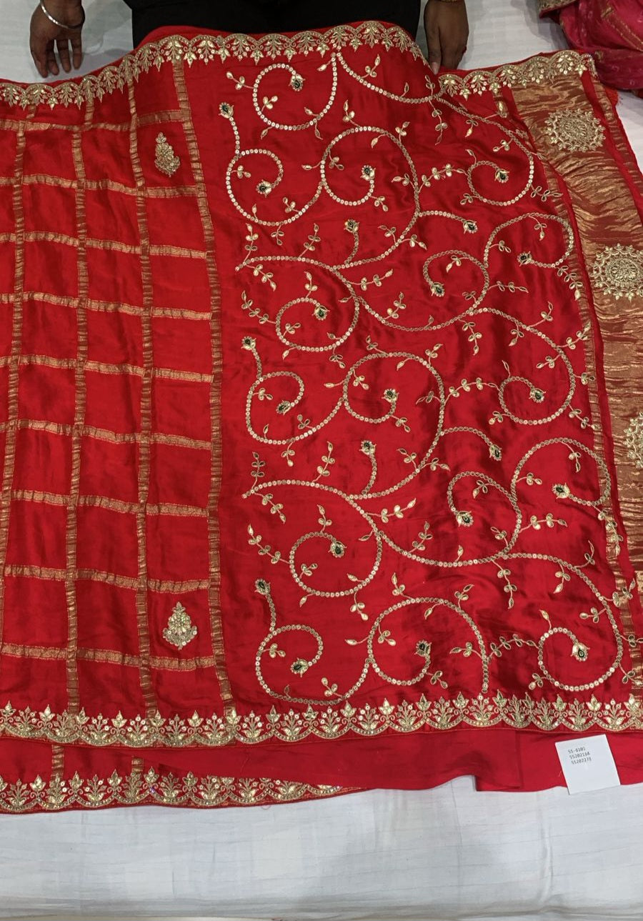 Bridal Pure Ghatchola Silk Saree – Calcutta elegant Hand Embroidery in Red Pink
