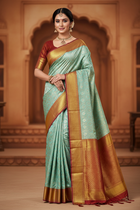 Misty Aqua Blue Pure Kanjivaram Silk Saree with Silver Gold Zari – Silk Mark Certified